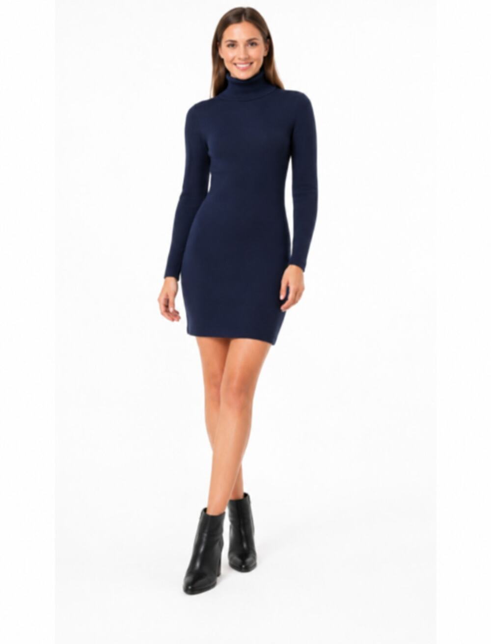 Women’s Turtleneck Sweater Dress Bodycon Knit Mini Long Sleeve Navy Size L NWT